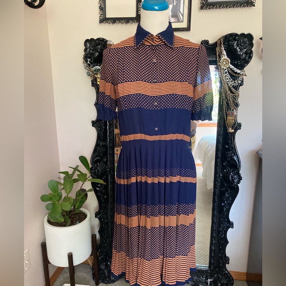 Adorable Navy & Burnt Orange Polka Dot Vintage Midi Dress- Size Medium